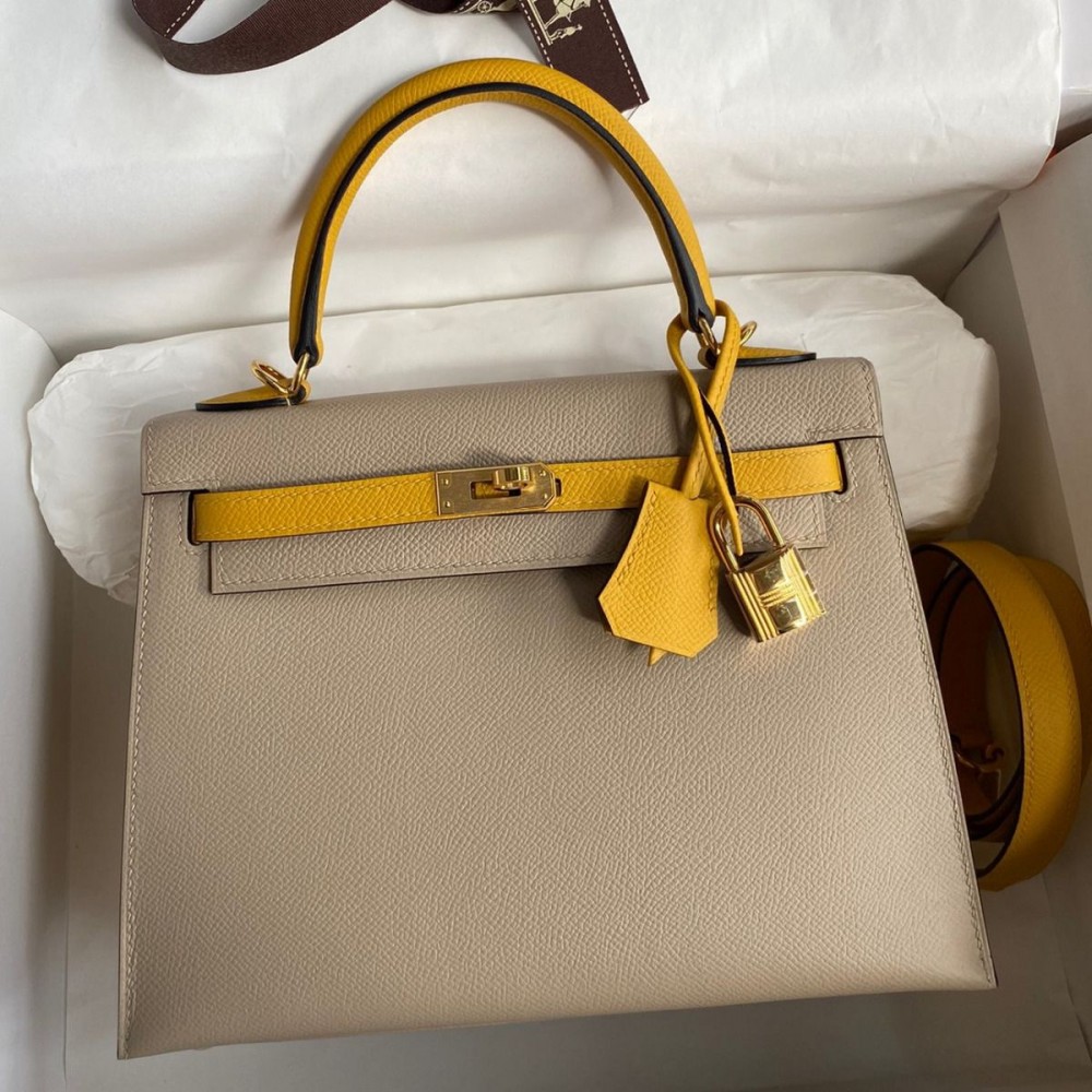 High Quality Replica Hermes Kelly Sellier 25 Bicolor Bag in Trench and Yellow Epsom Calfskin $ 609 USD